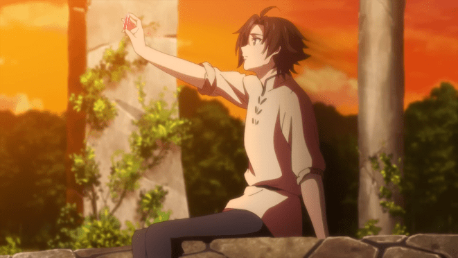 Anime Tsuyokute New Saga com o protagonista Kyle olhando para uma lendária pedra vermelha em um cenário de pôr do sol