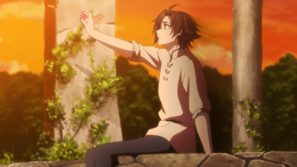 Anime Tsuyokute New Saga com o protagonista Kyle olhando para uma lendária pedra vermelha em um cenário de pôr do sol