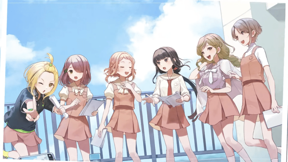 Imagem do anime Utagoe wa Mille-Feuille com os seis membros do clube a cappella