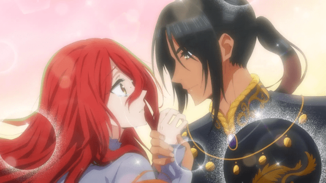 Imagem do anime Zutaboro Reijou wa Ane no Moto Konyakusha ni Dekiai Sareru com Kyros olhando nos olhos de Marie