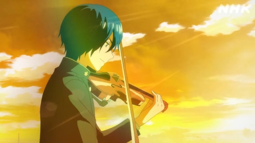 Cena do pôr do sol do anime Ao no Orchestra com Aono tocando violino