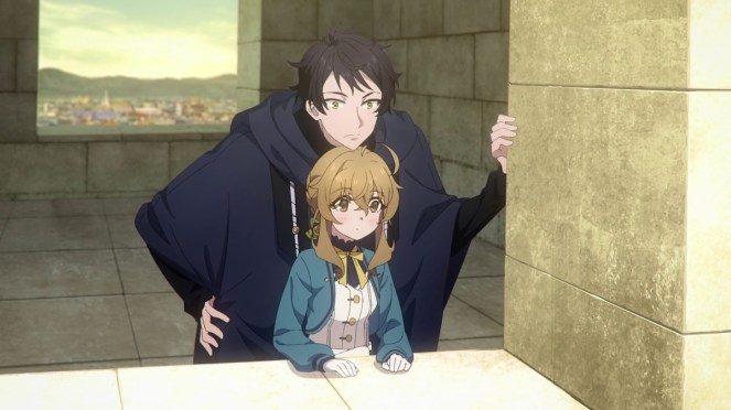 Anime Silent Witch com Monica e Nero, em sua forma humana, no topo de uma torre