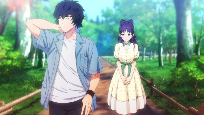 Anime Witch Watch com Keigo e Nemu andando ao ar livre