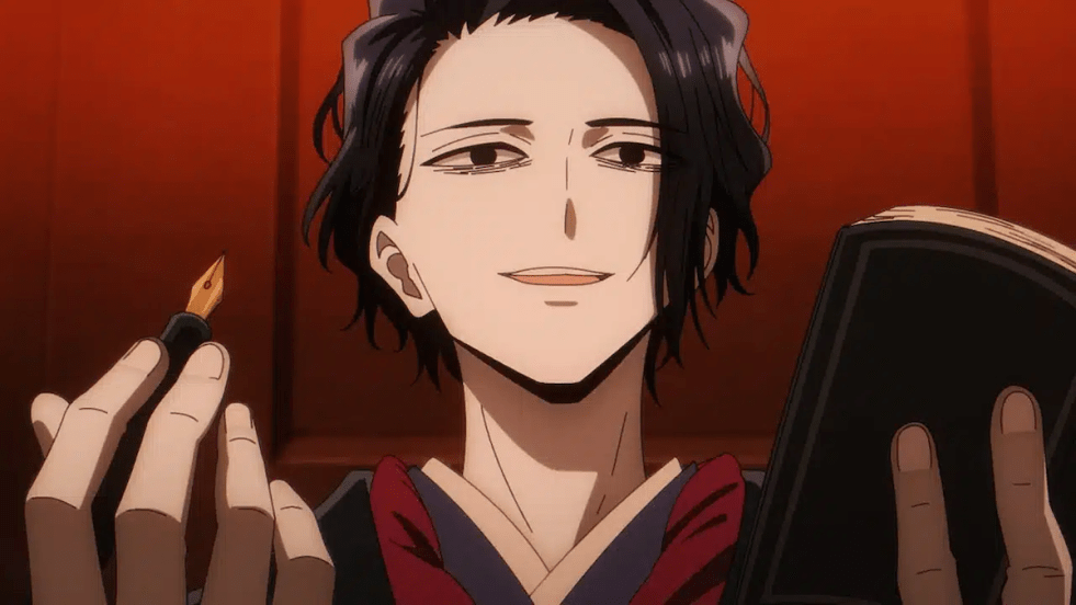 Imagem do anime Isekai Shikkaku com Sensei segurando uma caneta e um livro nas mãos, pronto para uma nova história