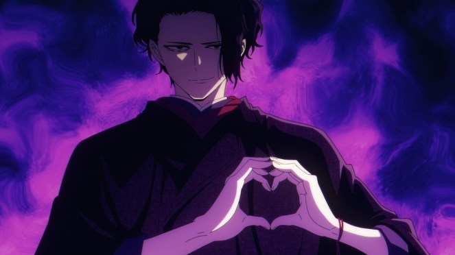 Imagem do anime Isekai Shikkaku com Sensei fazendo um coração com as mãos