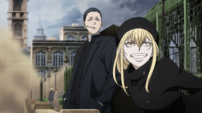 Anime Majo to Yajuu com os protagonistas Ashaf e Guideau em um cenário que lembra Londres em tempos mais antigos