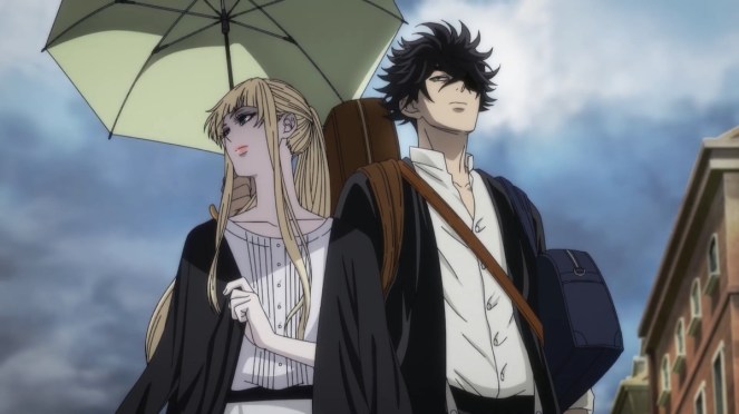 Anime Majo to Yajuu com os personagens Phanora e Johan embaixo de um guarda-chuva compartilhado