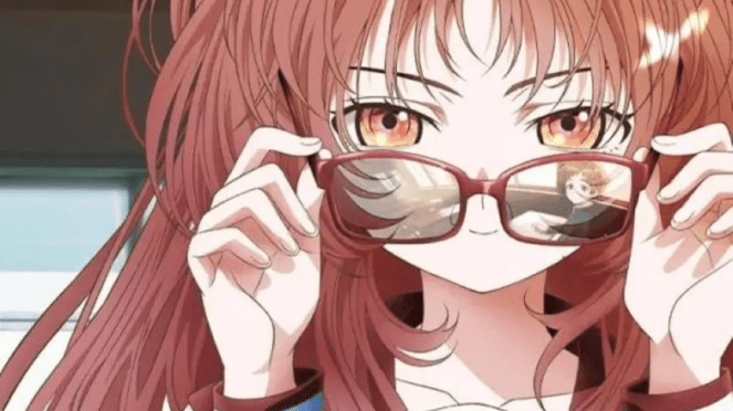 Anime Suki na Ko ga Megane wo Wasureta: close no rosto de Mie com os óculos refletindo o Komura