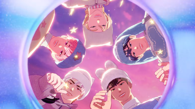 Cena do MV de "BBUU!" do álbum PLBBUU do PLAVE em parceria com a Sanrio. Na imagem, todos olham para a câmera como se ela estivesse gravando de baixo