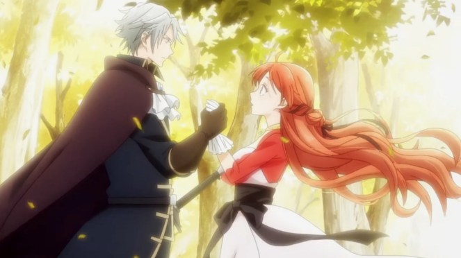 Anime Akujiki Reijou to Kyouketsu Koushaku com Aristide segurando as mãos de Melphie