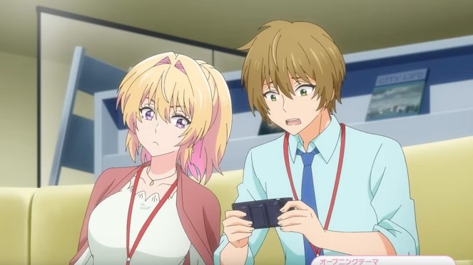 Cena do anime Bukiyou na Senpai com Kannawa e Kamegawa jogando um game mobile