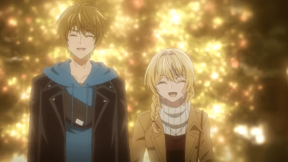 Cena do anime Bukiyou na Senpai com Kannawa e Kamegawa juntos, sorrindo, com as luzes de uma grande árvore de Natal ao fundo