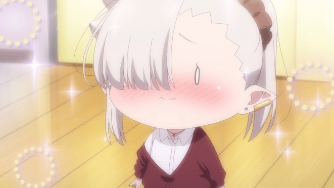 Review do anime Chanto Suenai Kyuuketsuki-chan: personagem Ishikawa Luna em sua versão chibi com o rostinho vermelho