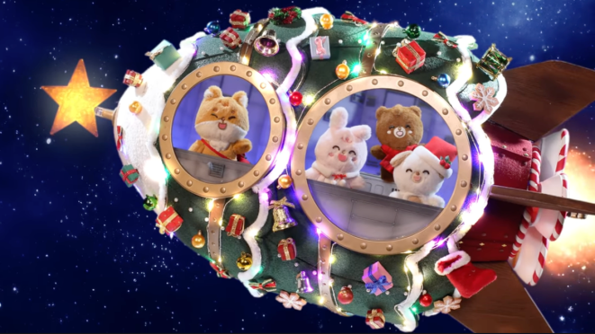 Cena do MV de "Lovin’ the Christmas", primeiro single de Natal do DAY6 com os membros em suas versões plush em um foguete em forma de árvore de Natal