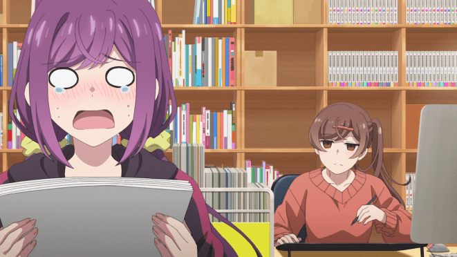 Review do anime Egao no Taenai Shokuba Desu: personagens Futami-sensei e Ha-san no escritório compartilhado em casa