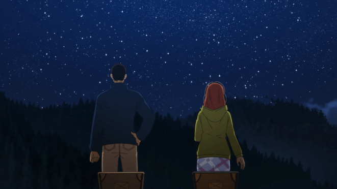 Review do anime Futari Solo Camp: personagens Shizuku e Gen sentados ao ar livre curtindo o céu estrelado