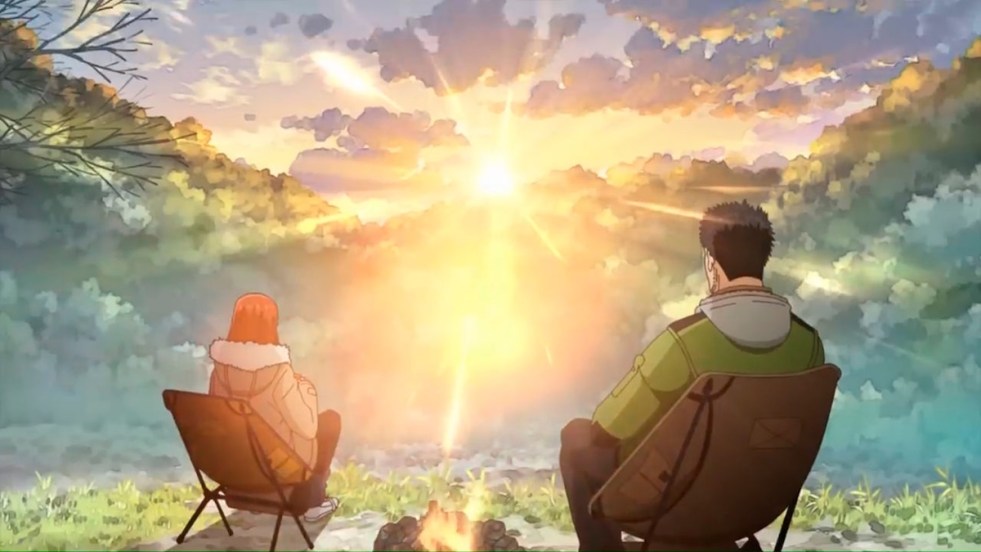 Review do anime Futari Solo Camp: personagens Shizuku e Gen sentados ao ar livre curtindo o sol nascer nas montanhas
