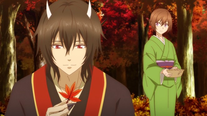 Aoi e Oodanna coletando folhas de momiji em Kakuriyo no Yadomeshi Ni