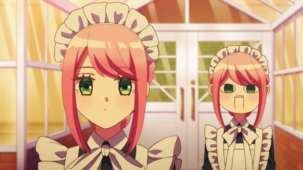 Review do anime Kikaijikake no Marie: personagens Marie (humana) e Marie 2 (robô) ao fundo