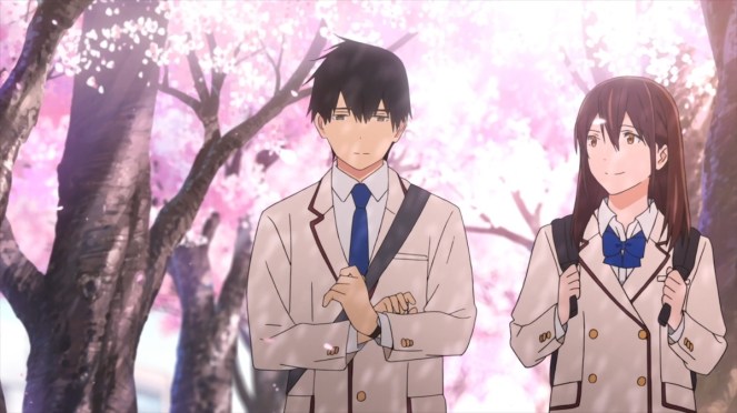 Cena do filme Kimi no Suizou wo Tabetai com os protagonistas caminhando com a companhia das flores de cerejeiras
