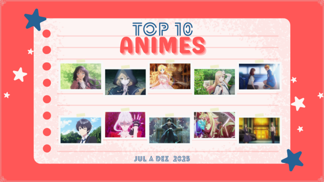 Cover para a capa do post sobre os melhores animes da segunda metade de 2025: uma folha de caderno com postcards trazendo imagens dos 10 animes selecionados