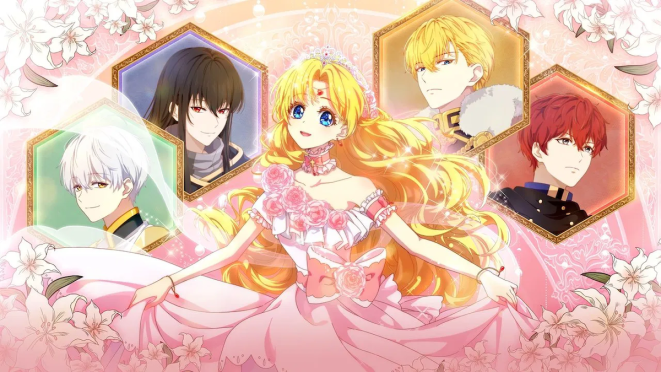 Review do anime Who Made Me a Princess: personagens Ijekiel, Lucas, Claude e Felix com Athy no centro