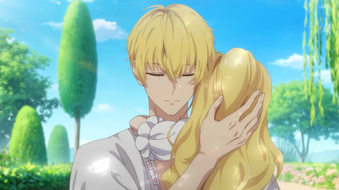 Review do anime Who Made Me a Princess: personagens Claude com Athanasia criança no colo