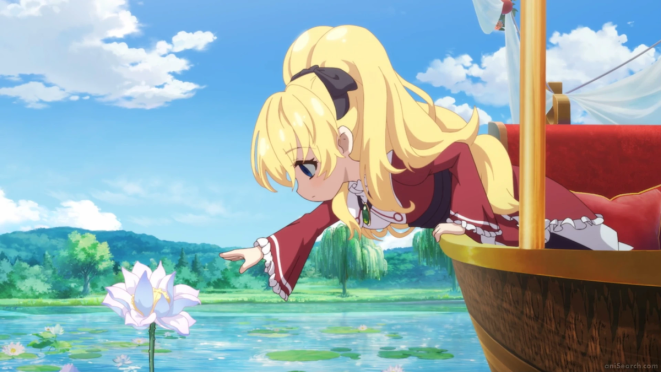 Review do anime Who Made Me a Princess: personagem Athy tentando alcançar uma flor no lago