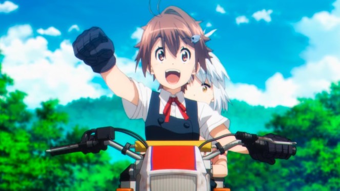 Review do anime Shuumatsu Touring: personagens Yoko e Airi de moto, viajando pelo Japão pós-apocalíptico