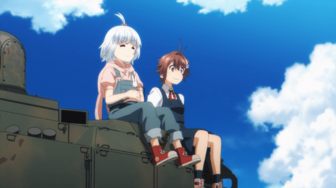 Review do anime Shuumatsu Touring: personagens Yoko e Airi sentadas em cima de um tanque de guerra