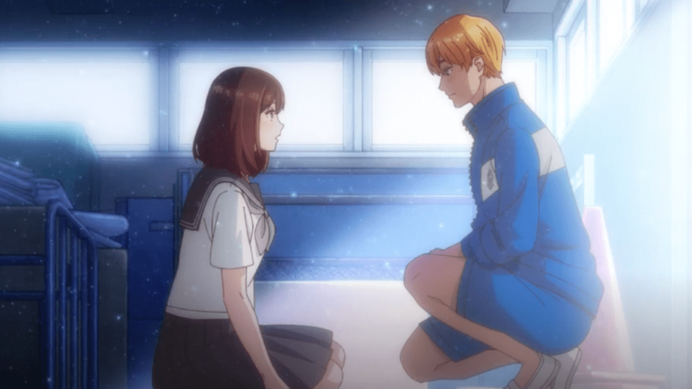 Cena do anime Taiyou Yori mo Mabushii Hoshi com Iwa e Kamishiro olhando um nos olhos do outro