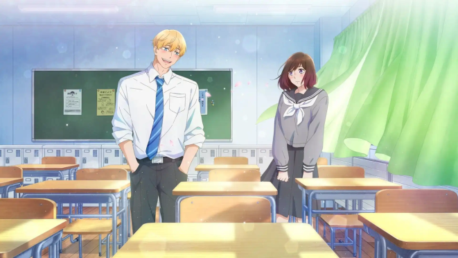 Cena do anime Taiyou Yori mo Mabushii Hoshi com Iwa e Kamishiro lado a lado na sala de aula