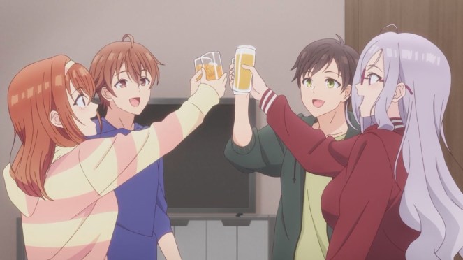 Review do anime Tomodachi no Imouto ga Ore ni Dake Uzai: personagens membros do 5th Floor Alliance brindando