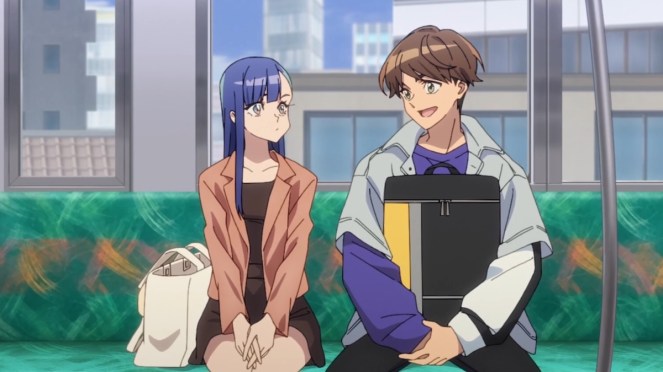 Review do anime Towa no Yugure: personagens Towasa e Akira conversando no metrô