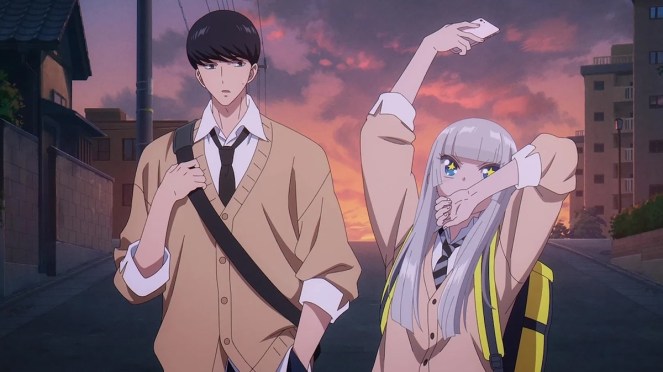 Review do anime Wandance: personagens Kabo e Wanda andando na rua em uma cena descontraída