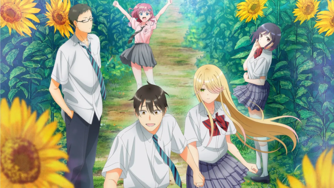Review do anime Watari-kun no xx ga Houkai Sunzen: personagens Tokui, Umezawa, Naoto, Satsuki e Ishihara em um campo de girassóis