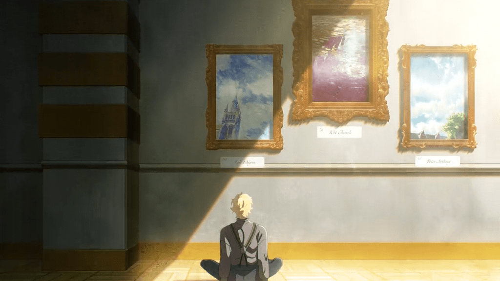 Review do anime Prism Rondo (Love Through a Prism): personagem Kit Church vendo os quadros vencedores