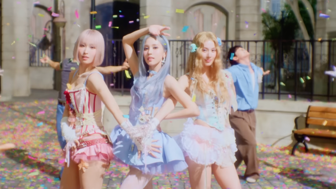 Review do álbum PLAY da subunit japonesa do TWICE (MISAMO): Momo, Mina e Sana dançam com roupas coloridas e confetes no MV de "Confetti"