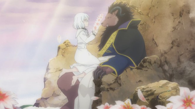 Review do anime Niehime to Kemono no Ou: personagens Sariphi e Leonheart em um jardim florido