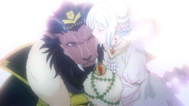 Review do anime Niehime to Kemono no Ou: personagens Sariphi e Leonheart prontos para o casamento