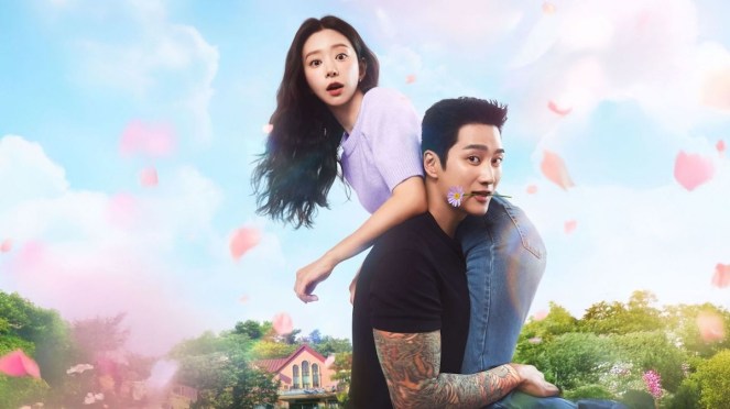 Review do K-Drama Spring Fever: pôster com Ahn Bo Hyun (Sun Jae Gyu) carregando Lee Joo Bin (Yoon Bom) nos braços