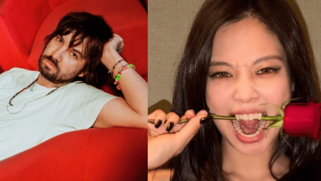 Review do single "Dracula" do Tame Impala versão remix em collab com a Jennie do Blackpink: imagens de Tame Impala à esquerda e Jennie com olhos vermelhos e dentes de vampiro à direita
