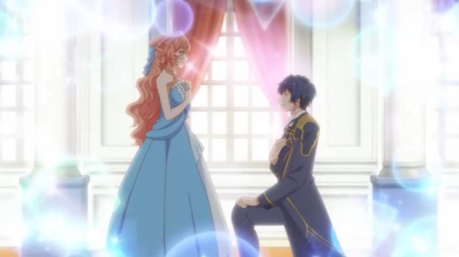 Review do anime Akuyaku Reijou wa Ringoku no Outaishi ni Dekiai sareru com os personagens Tiararose e Aquasteed propondo a ela