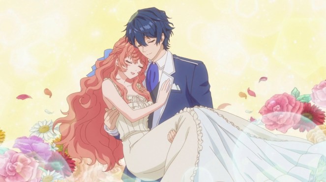 Review do anime Akuyaku Reijou wa Ringoku no Outaishi ni Dekiai sareru com os personagens Aquasteed segurando Tiararose no colo