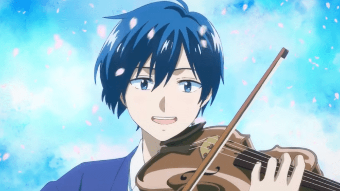Review do anime Ao no Orchestra (Blue Orchestra): personagem Aono Hajime sorrindo enquanto toca violino