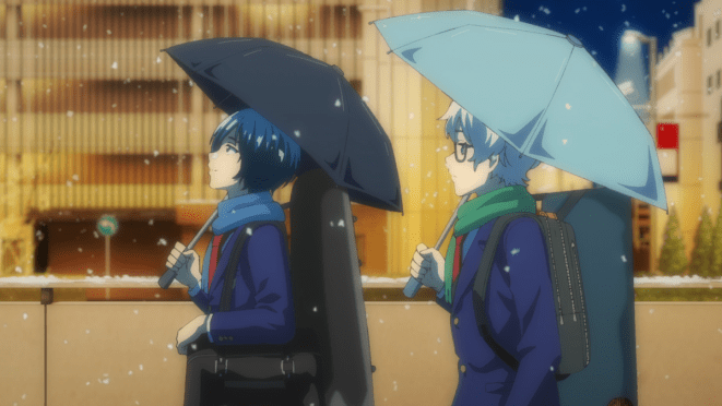 Review do anime Ao no Orchestra (Blue Orchestra): personagens Aono Hajime e Saeki Nao andando com guarda-chuva na neve