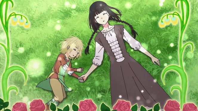 Review do anime Champignon no Majo (Champignon Witch) com os personagens Luna e Lize dormindo na grama