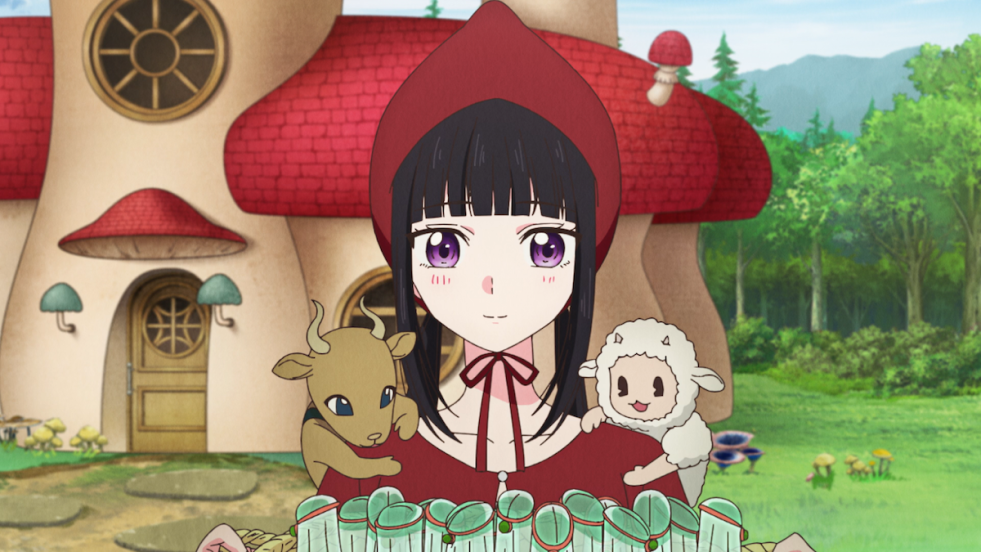 Review do anime Champignon no Majo (Champignon Witch) com a personagem Luna na frente de sua casa na floresta em formato de cogumelo