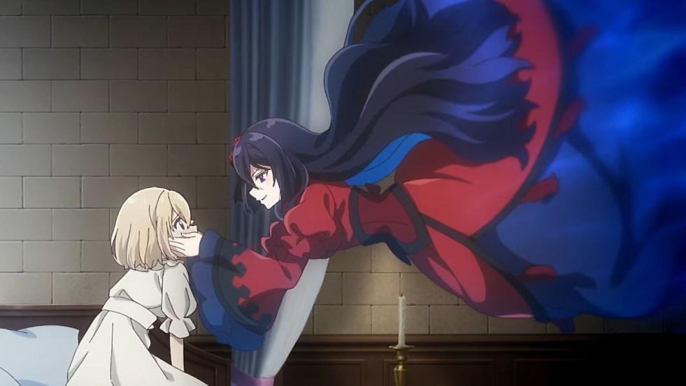 Review do anime Eris no Seihai com a personagens Constance Grail e Scarlet colocando as mãos em seu rosto
