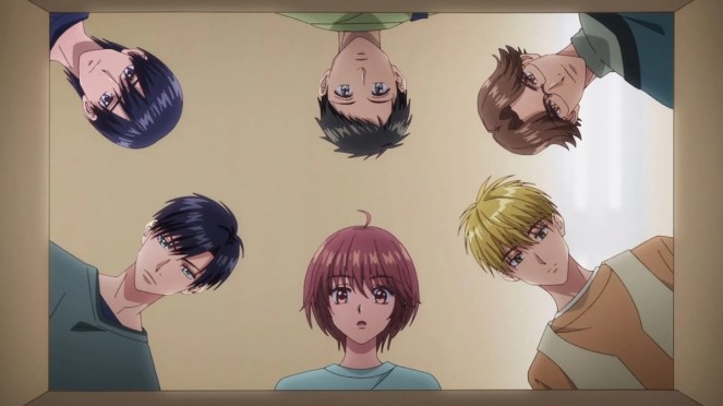 Review do anime Shiboyugi: Playing Death Games to Put Food on the Table com a personagens Ashiya Mizuki, Sano, Nakatsu e outros colegas do dormitório olhando para dentro de uma caixa